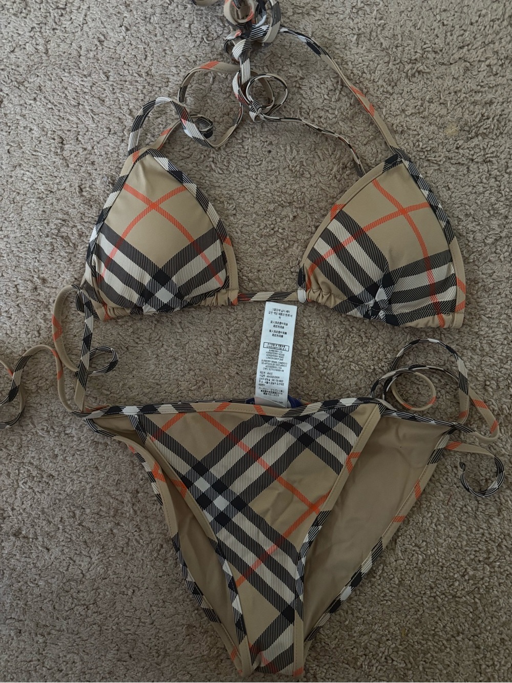 Burberry Beige Plaid Triangle Bikini with Black and Orange Accents
